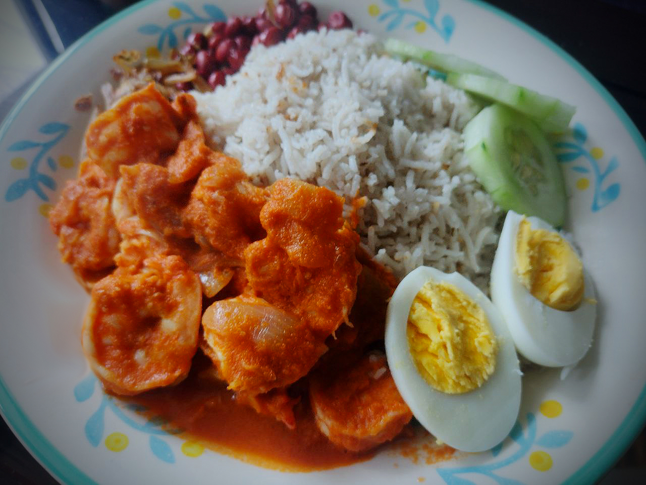 Nasi Lemak Eggs Prawns Sambal Peanuts Anchovies Cucumber