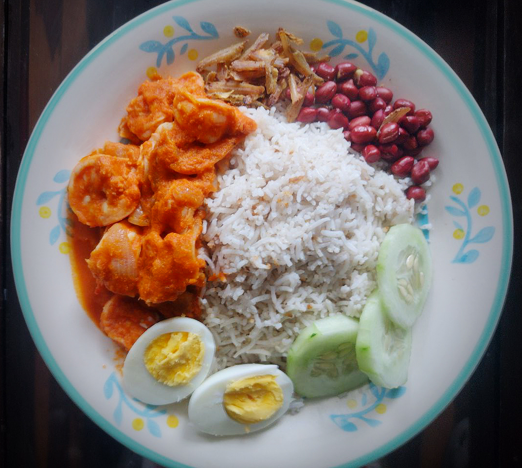 Nasi Lemak Eggs Prawns Sambal Peanuts Anchovies Cucumber