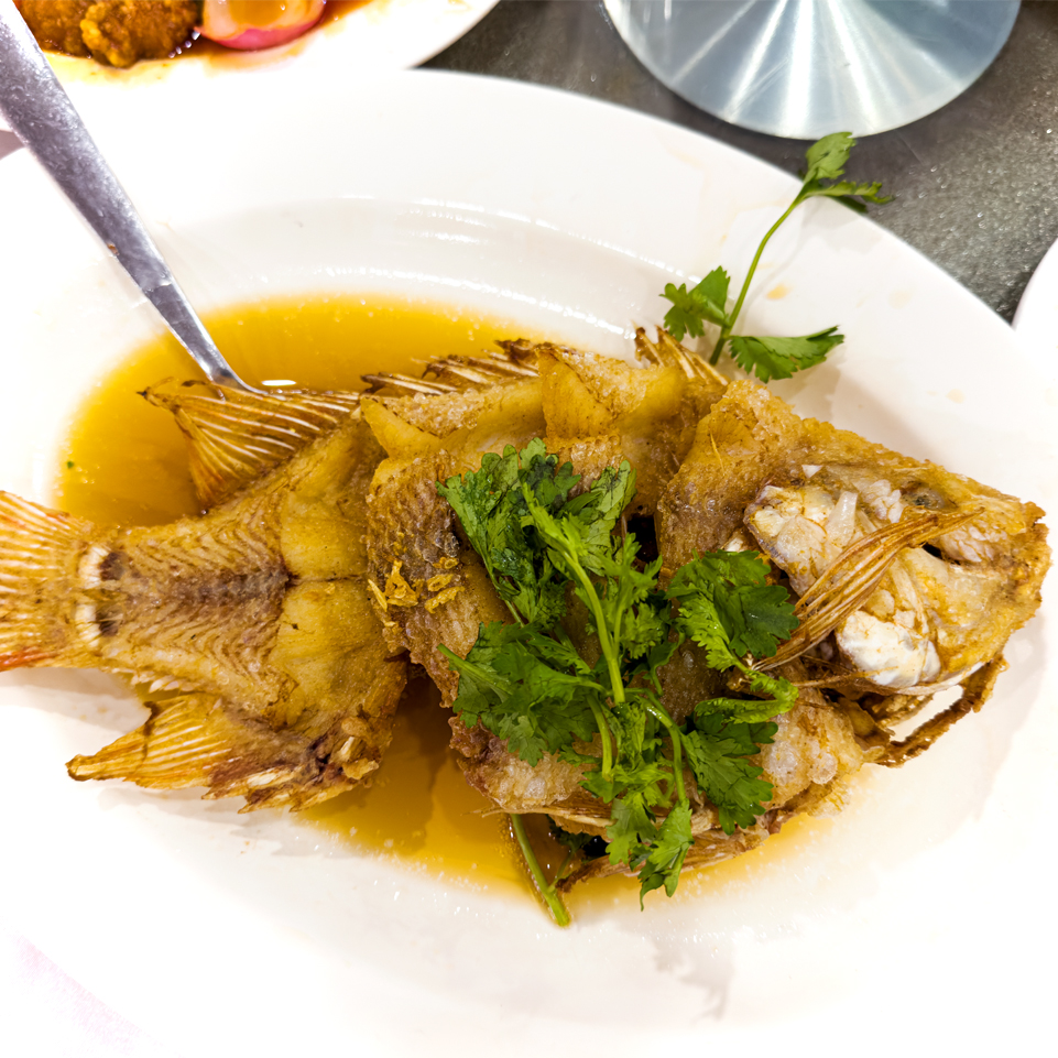 Soy Sauce Fried Tilapia with sauce and corriander