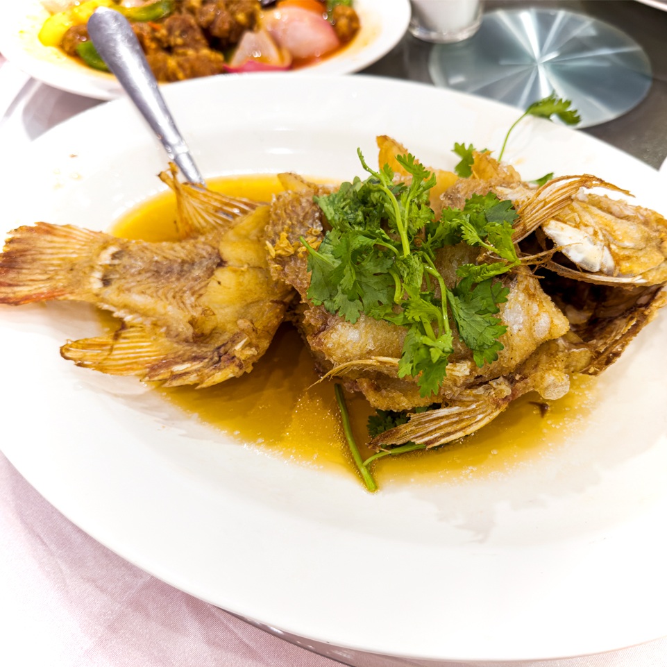 Fried Tilapia Fish with sauce and corriander