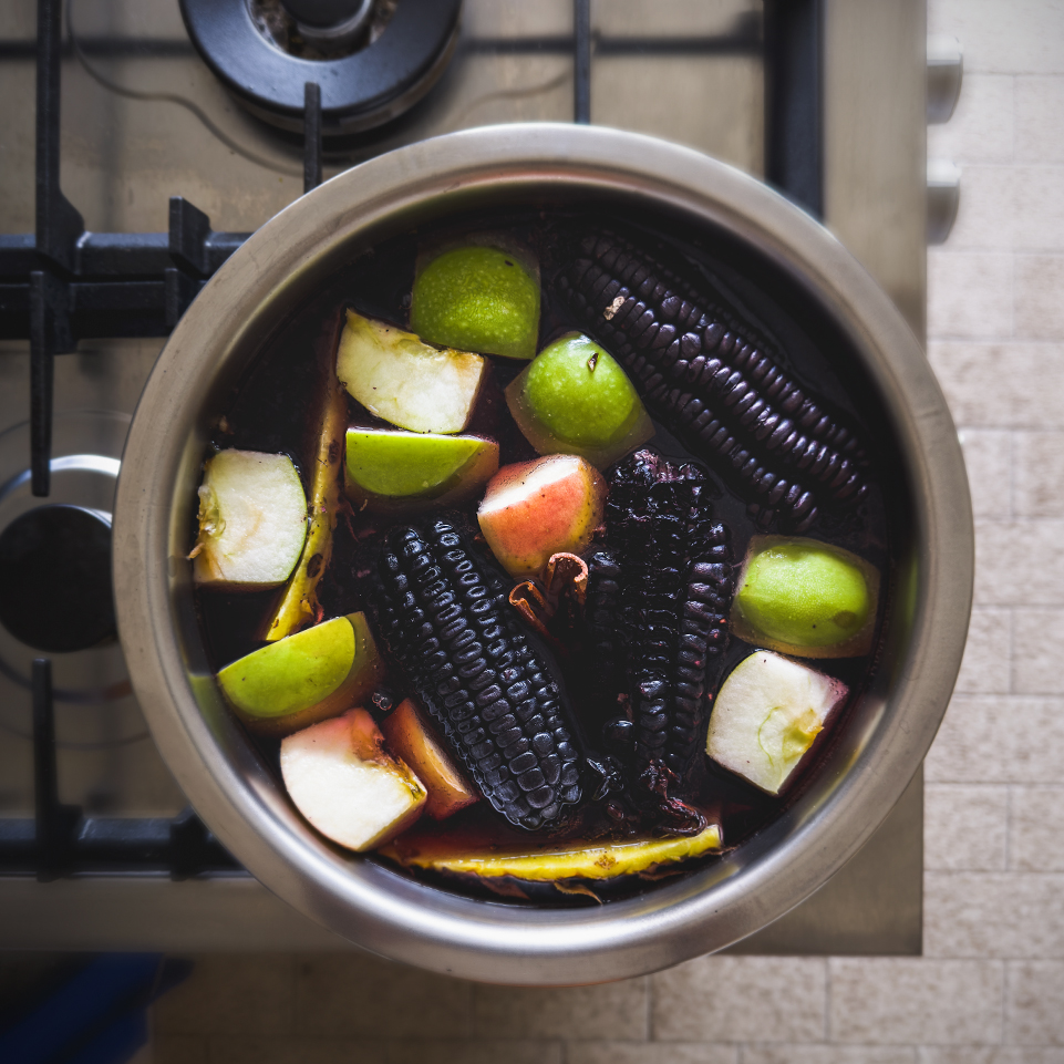 chicha morada granny smith apples red apples pineapple peel pot